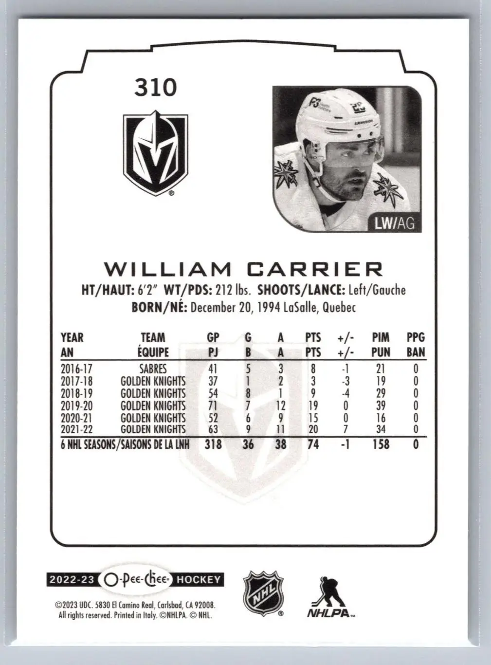 2022-23 O-Pee-Chee - [Base] #310 William Carrier 1