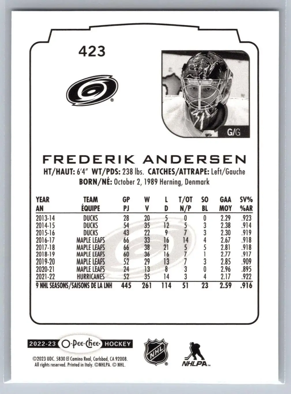 2022-23 O-Pee-Chee - [Base] #423 Frederik Andersen 1