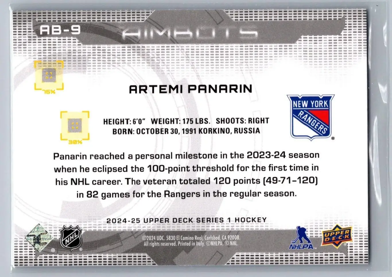 2024-25 Upper Deck Series 1 - Aimbots #AB-9 Artemi Panarin 1