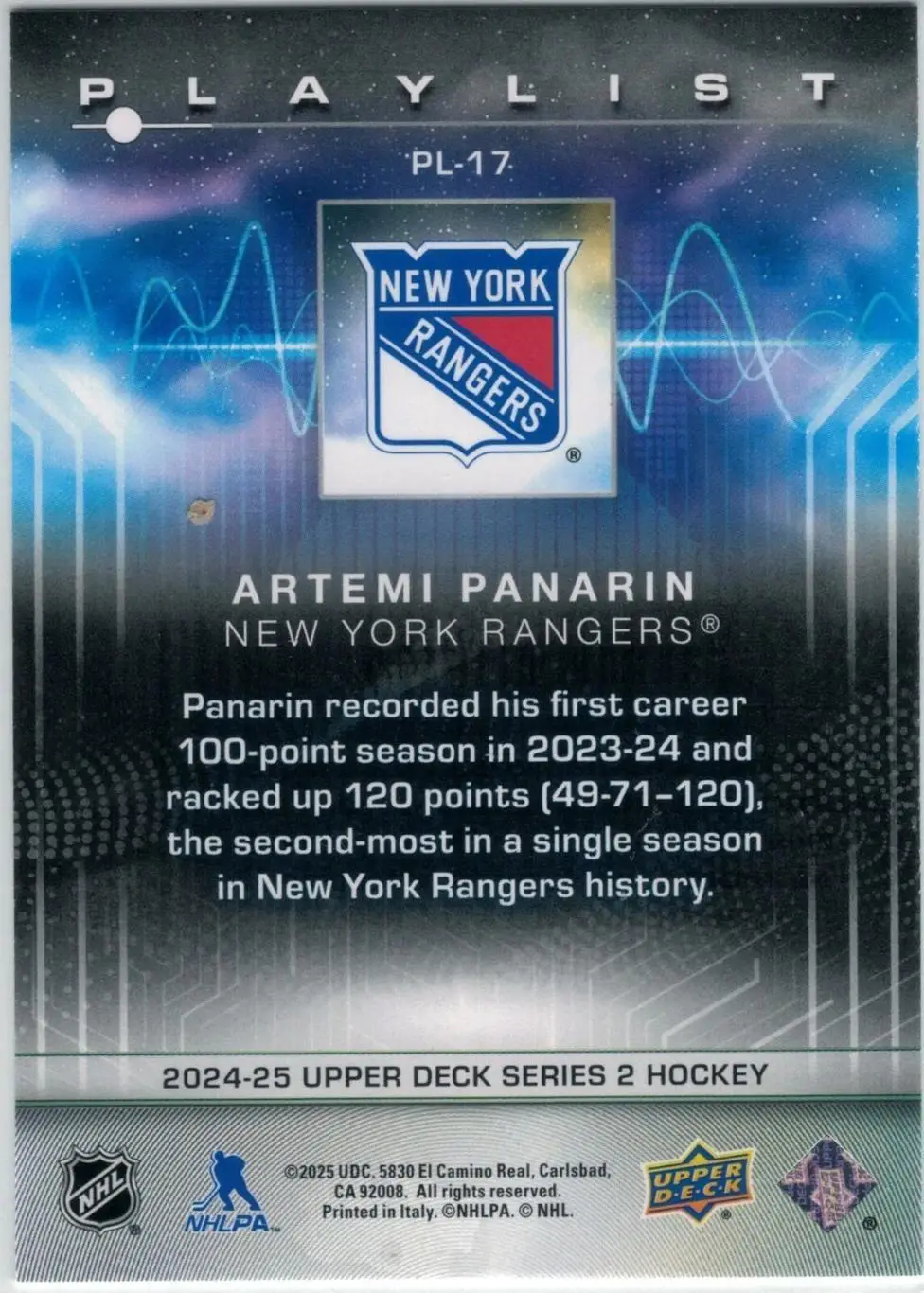 2024-25 Upper Deck Series 2 - Playlist #PL-17 Artemi Panarin 1