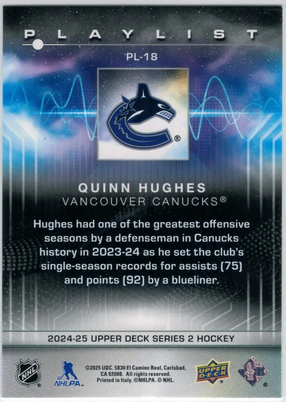 2024-25 Upper Deck Series 2 - Playlist - Speckle #PL-18 Quinn Hughes 1