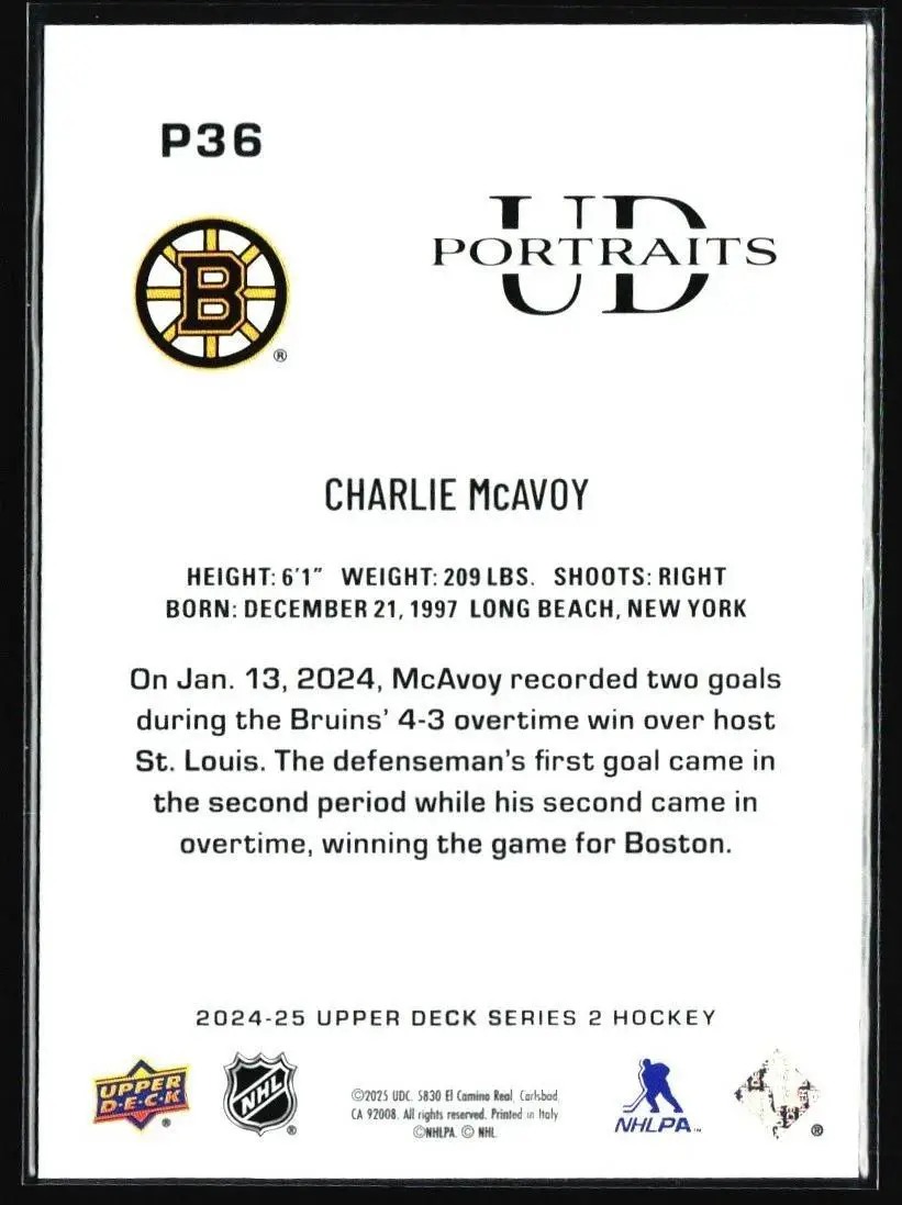 2024-25 Upper Deck Series 2 - UD Portraits #P36 Charlie McAvoy 1