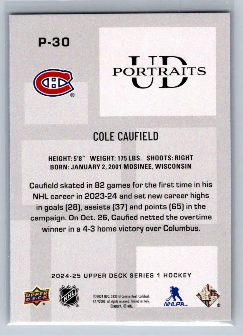 2024-25 Upper Deck Series 1 - UD Portraits #P30 Cole Caufield 1
