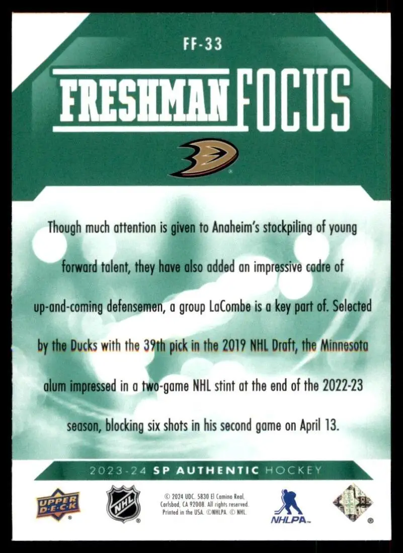 2023-24 SP Authentic - Freshman Focus #FF-33 Jackson LaCombe 1