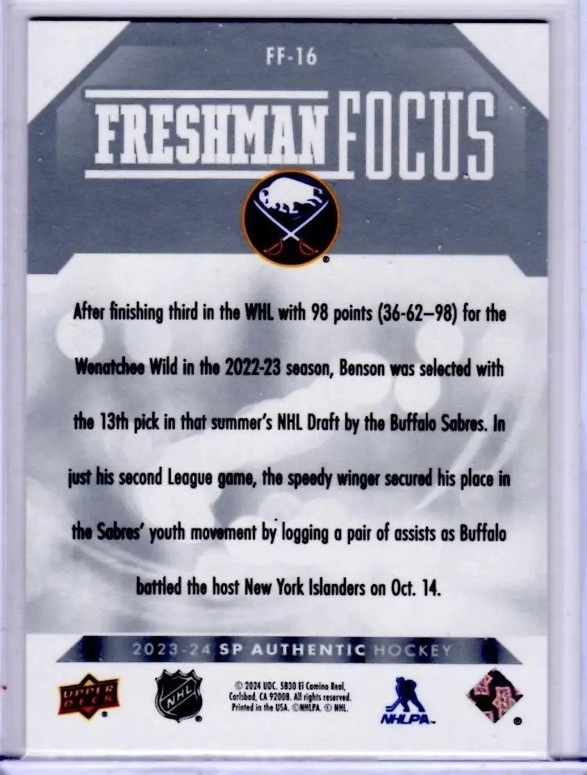 2023-24 SP Authentic - Freshman Focus #FF-16 Zach Benson 1