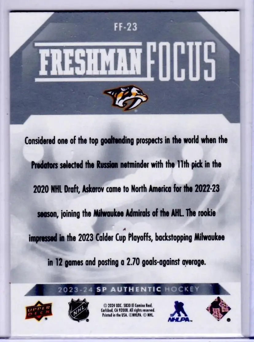 2023-24 SP Authentic - Freshman Focus #FF-23 Yaroslav Askarov 1