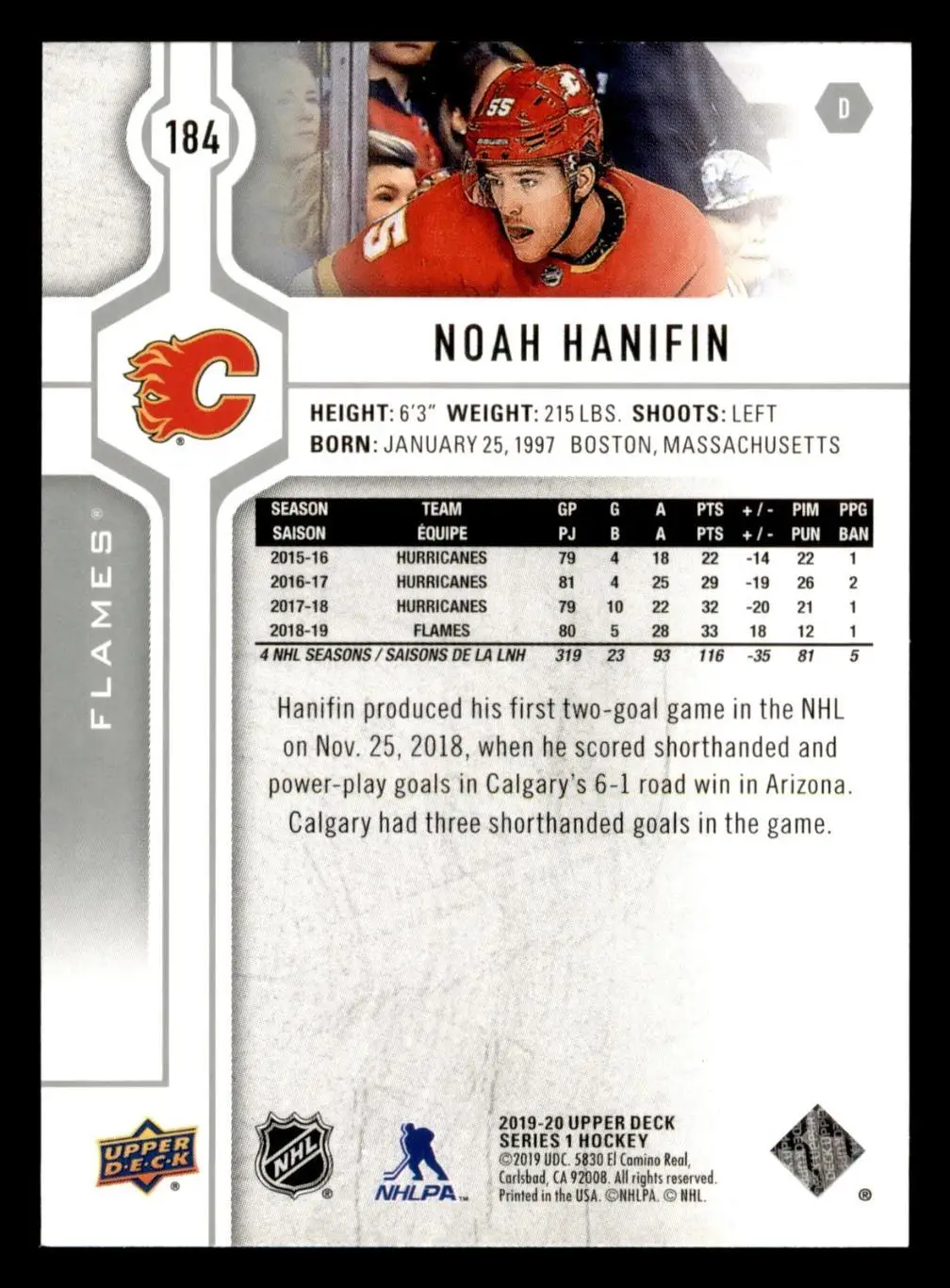 2019-20 Upper Deck - [Base] #184 Noah Hanifin 1