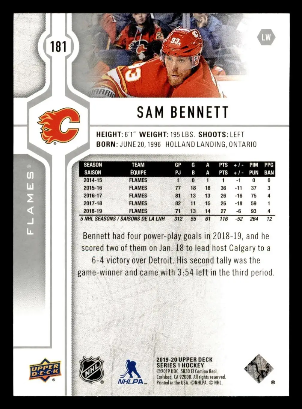 2019-20 Upper Deck - [Base] #181 Sam Bennett 1