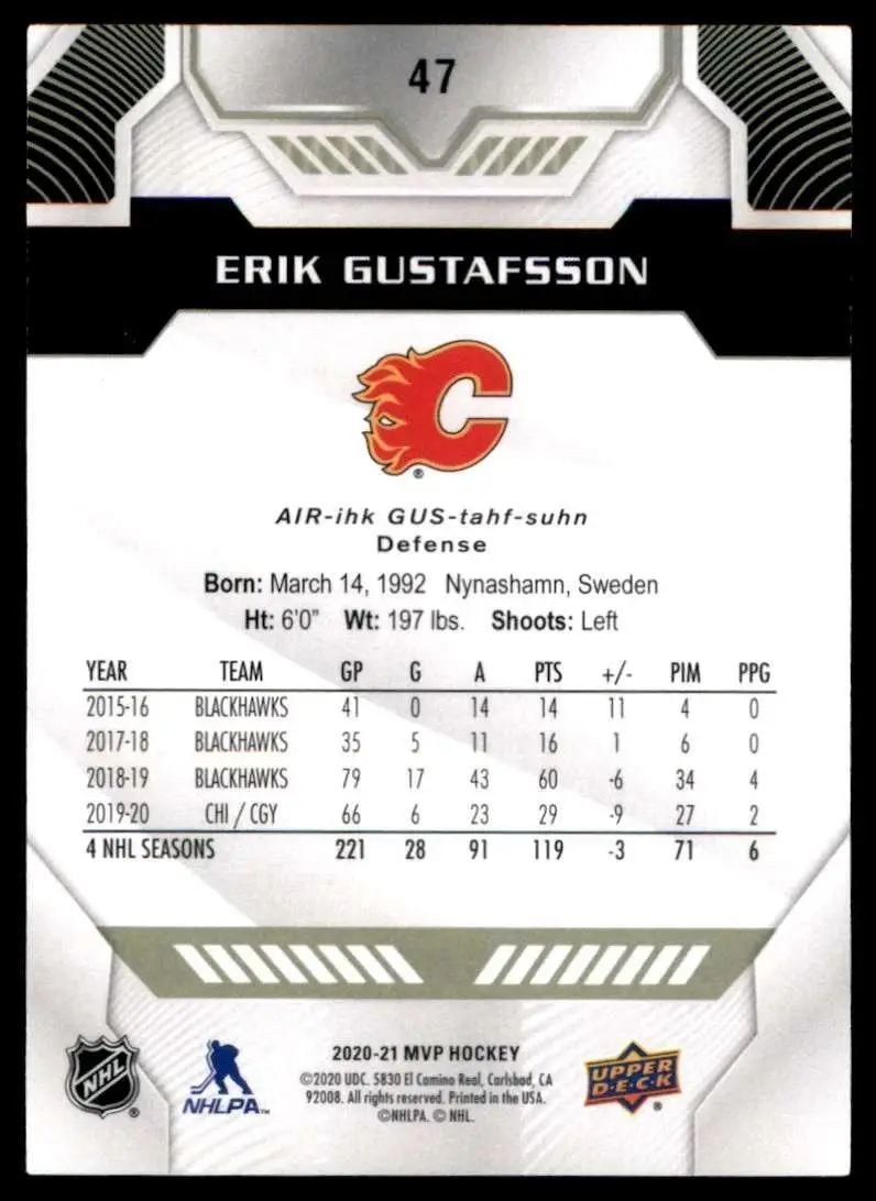 2020-21 Upper Deck MVP - [Base] #47 Erik Gustafsson 1