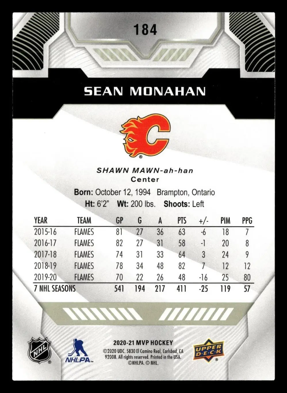 2020-21 Upper Deck MVP - [Base] #184 Sean Monahan 1