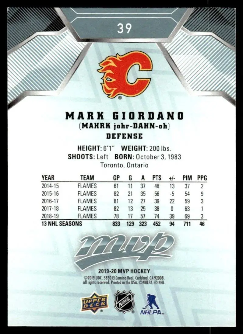 2019-20 Upper Deck MVP - [Base] #39 Mark Giordano 1