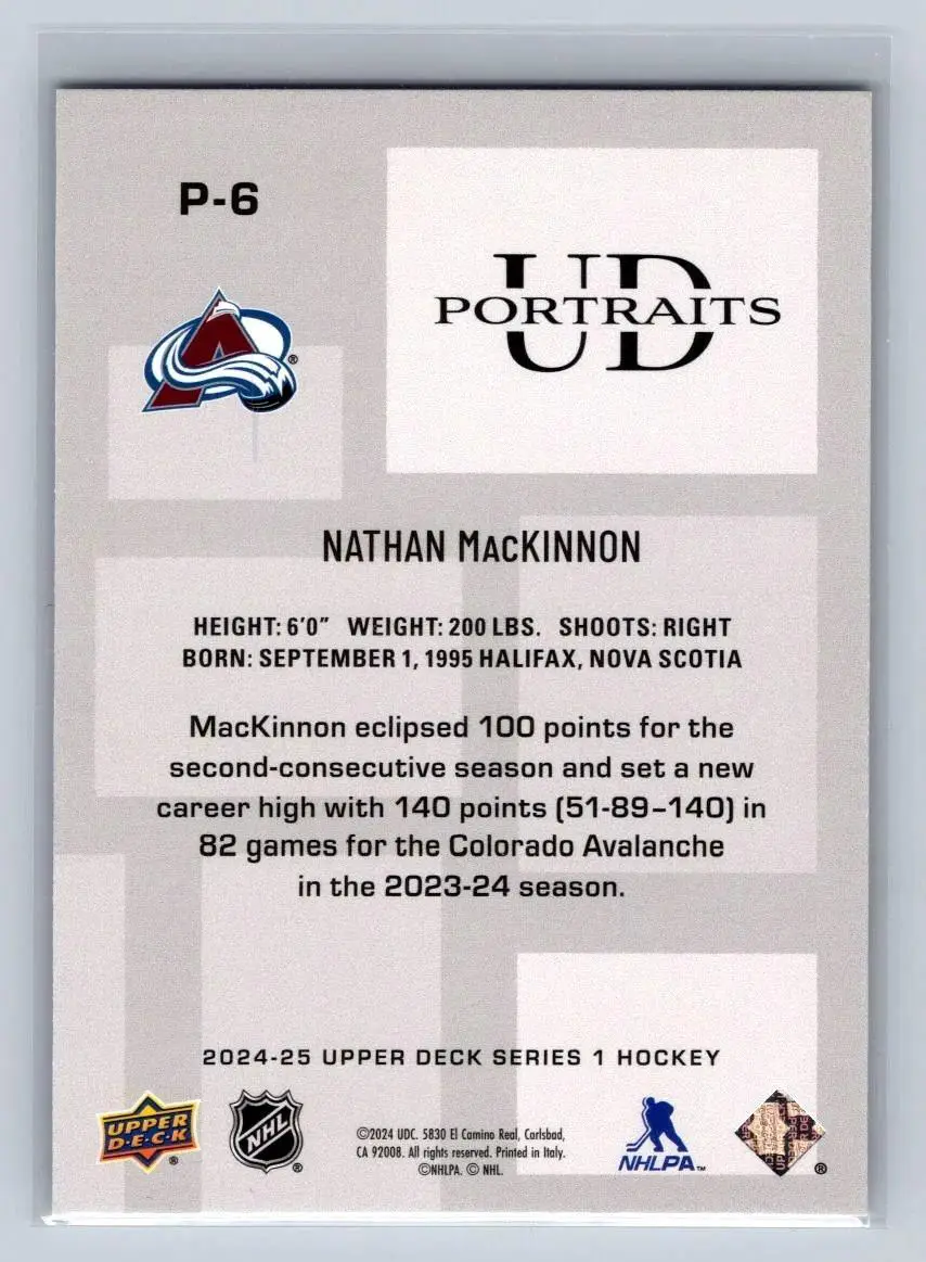 2024-25 Upper Deck Series 1 - UD Portraits #P-6 Nathan MacKinnon 1