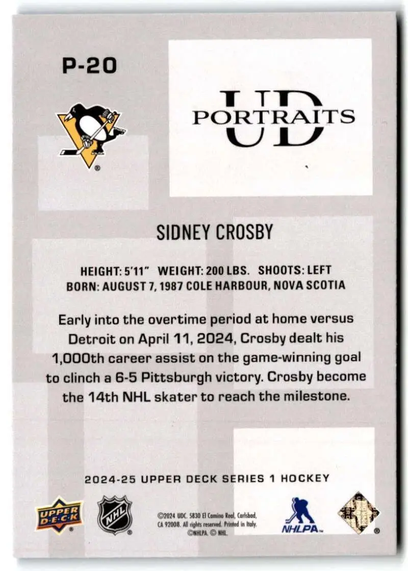 2024-25 Upper Deck Series 1 - UD Portraits #P-20 Sidney Crosby 1