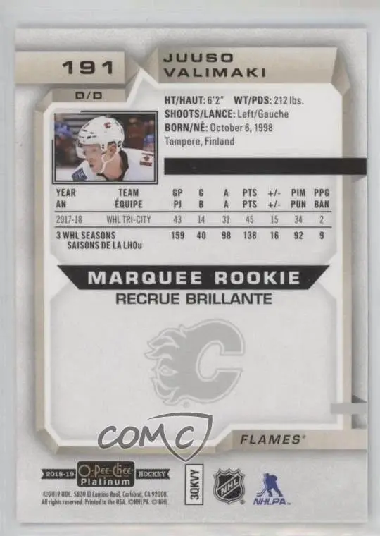 2018-19 O-Pee-Chee Platinum - [Base] #191Marquee Rookies - Juuso Valimaki 1