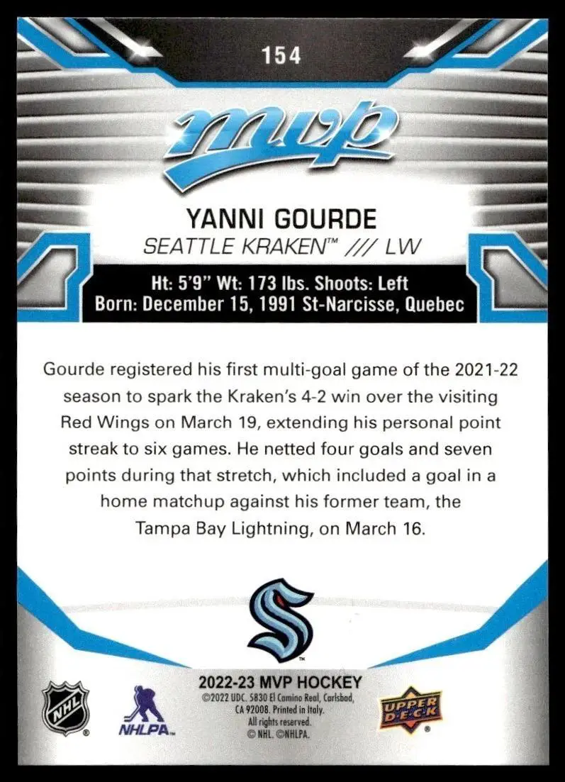 2022-23 Upper Deck MVP - [Base] #154 Yanni Gourde 1