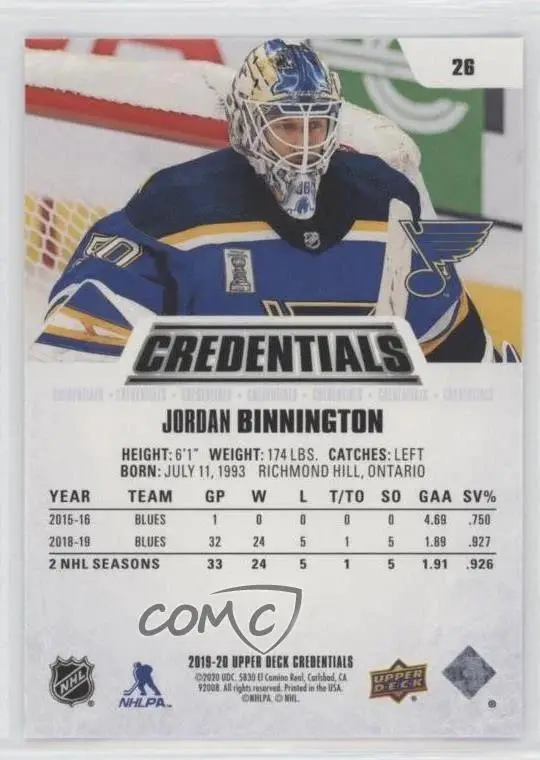 2019-20 Upper Deck Credentials - [Base] #26 Jordan Binnington 1