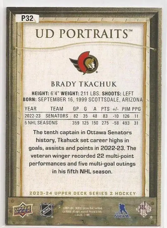 2023-24 Upper Deck Series 2 - UD Portraits #P32 Brady Tkachuk 1