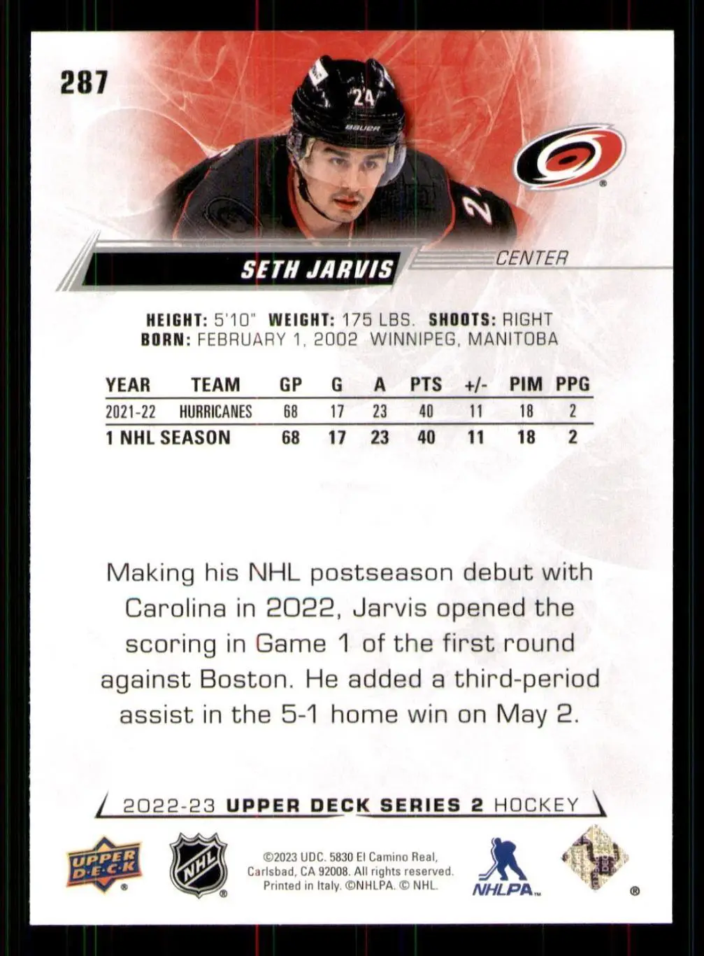 2022-23 Upper Deck Series 2 - [Base] #287 Seth Jarvis 1