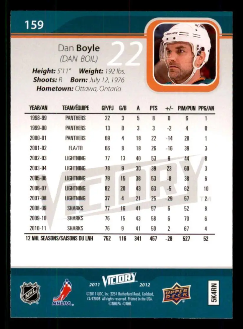 2011-12 Upper Deck Victory - [Base] #159 Dan Boyle 1