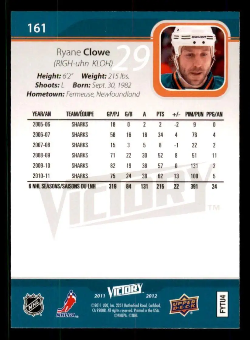 2011-12 Upper Deck Victory - [Base] #161 Ryane Clowe 1