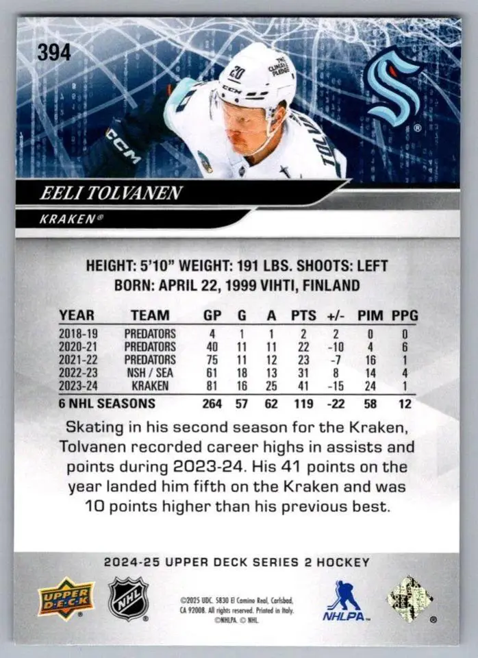 2024-25 Upper Deck #394 Eeli Tolvanen 1