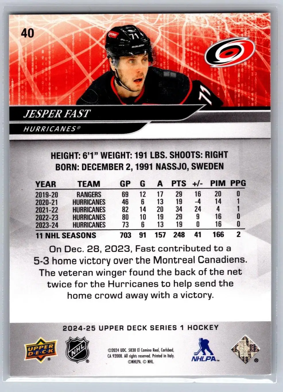 2024-25 Upper Deck #40 Jesper Fast 1