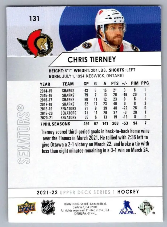 2021-22 Upper Deck #131 Chris Tierney 1