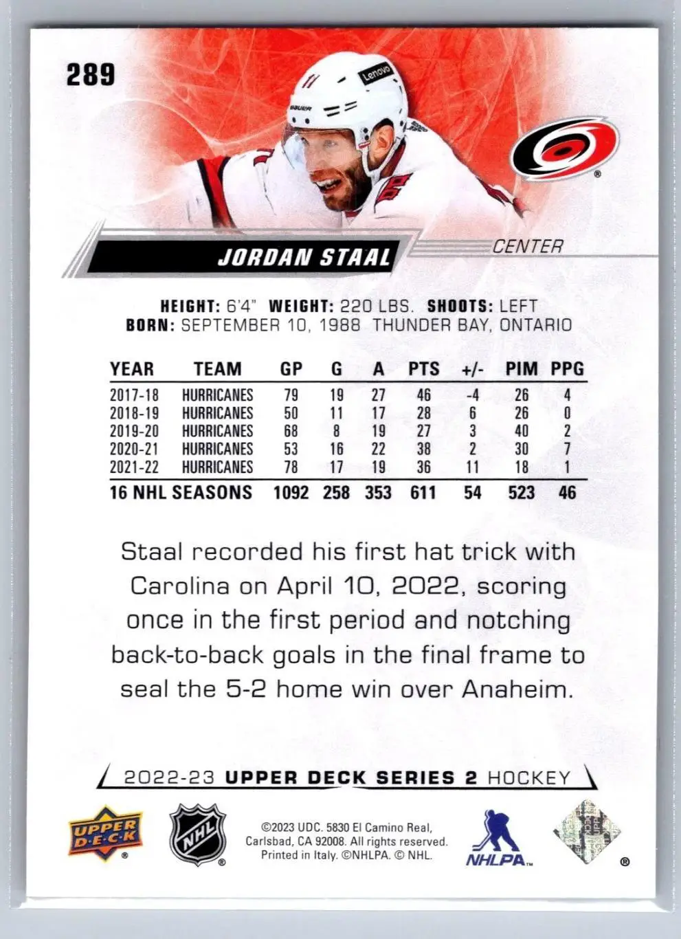 2022-23 Upper Deck #289 Jordan Staal 1