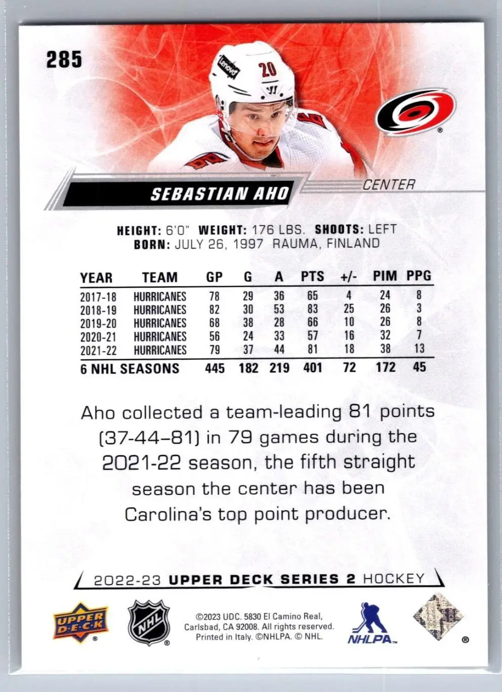 2022-23 Upper Deck #285 Sebastian Aho 1