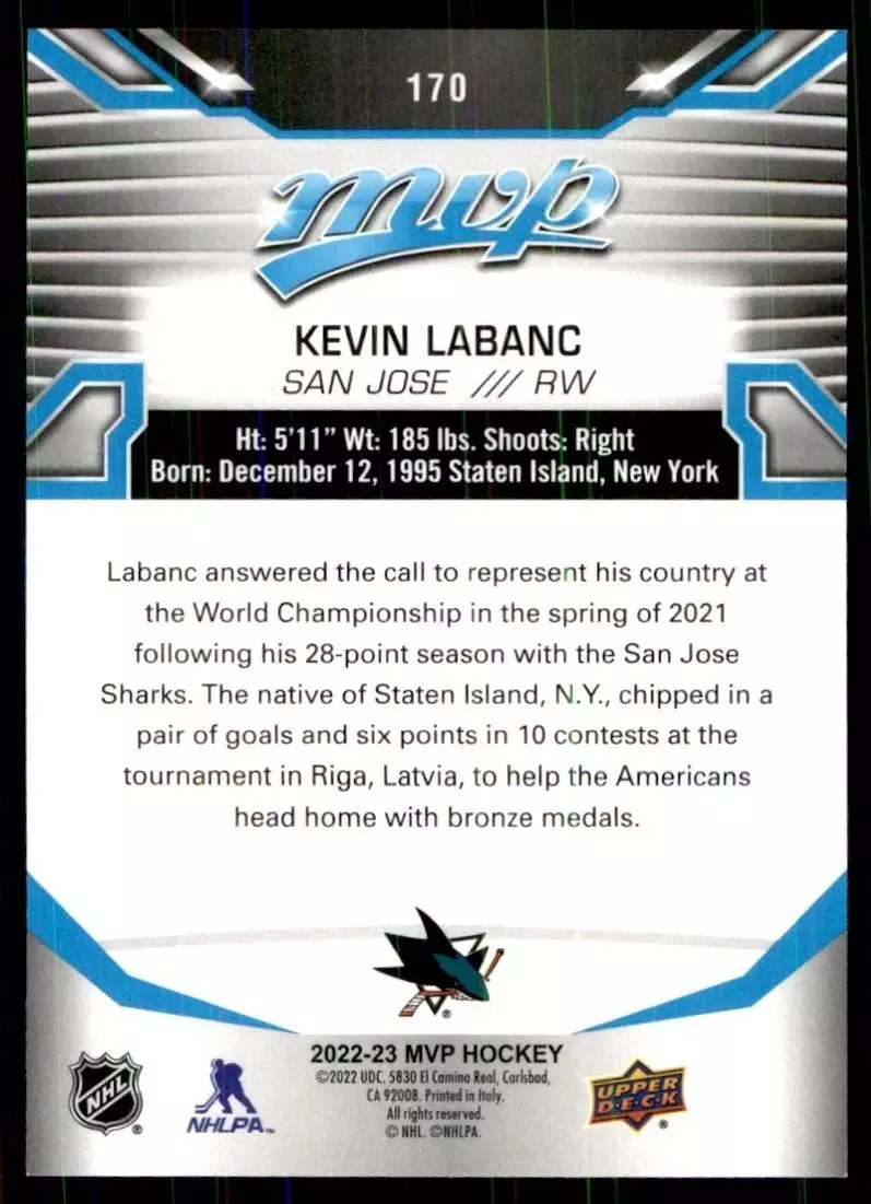 2022-23 Upper Deck MVP #170 Kevin Labanc 1