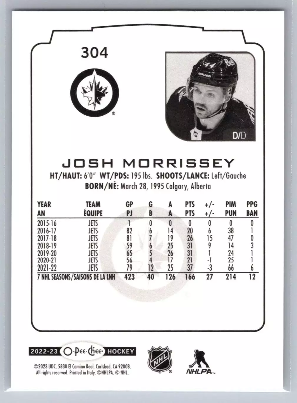 2022-23 O-Pee-Chee #304 Josh Morrissey 1