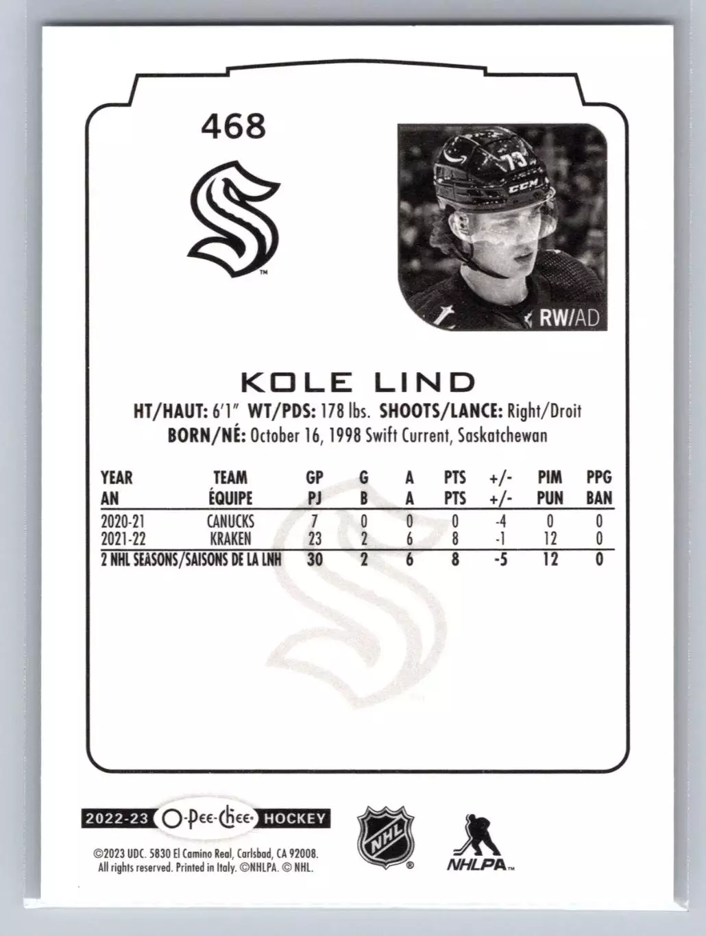 2022-23 O-Pee-Chee #468 Kole Lind 1