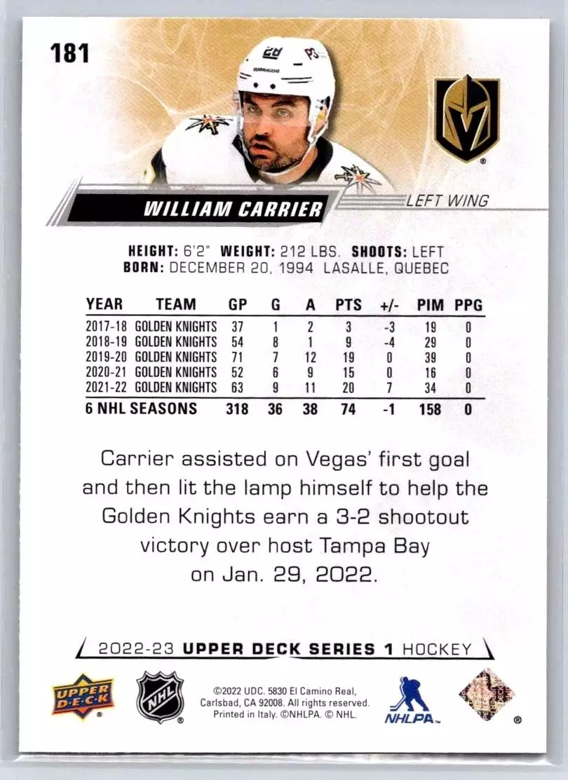 2022-23 Upper Deck #181 William Carrier 1