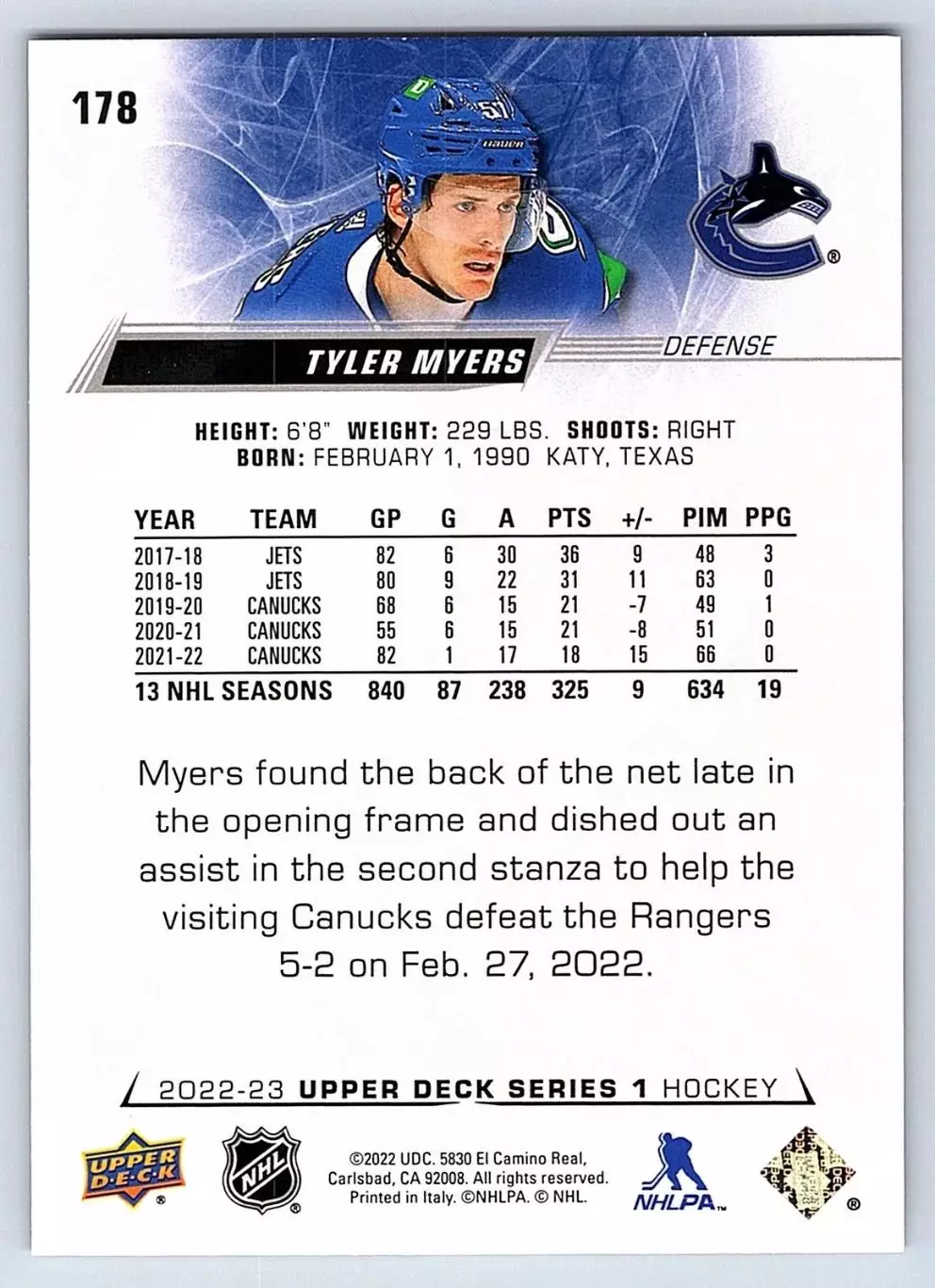 2022-23 Upper Deck #178 Tyler Myers 1