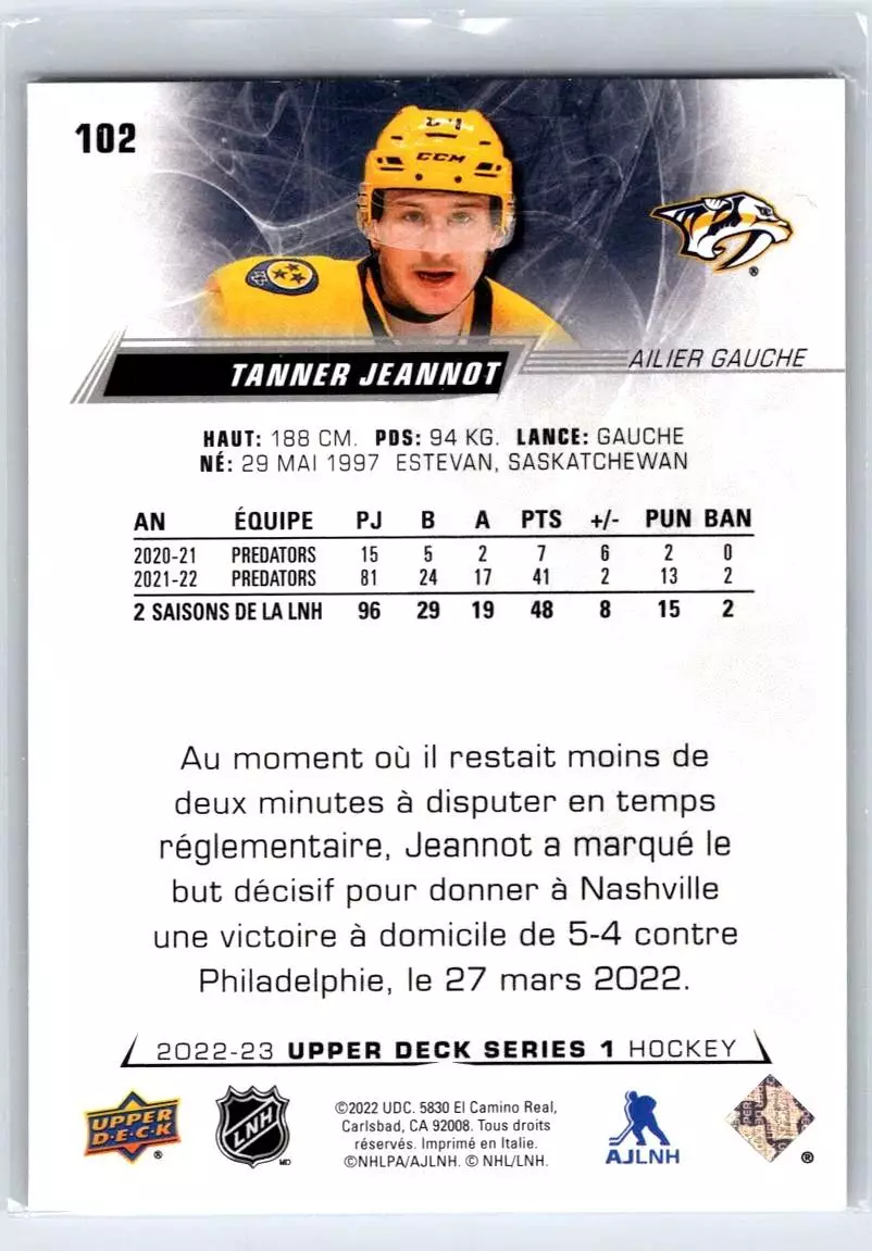 2022-23 Upper Deck #102 Tanner Jeannot 1