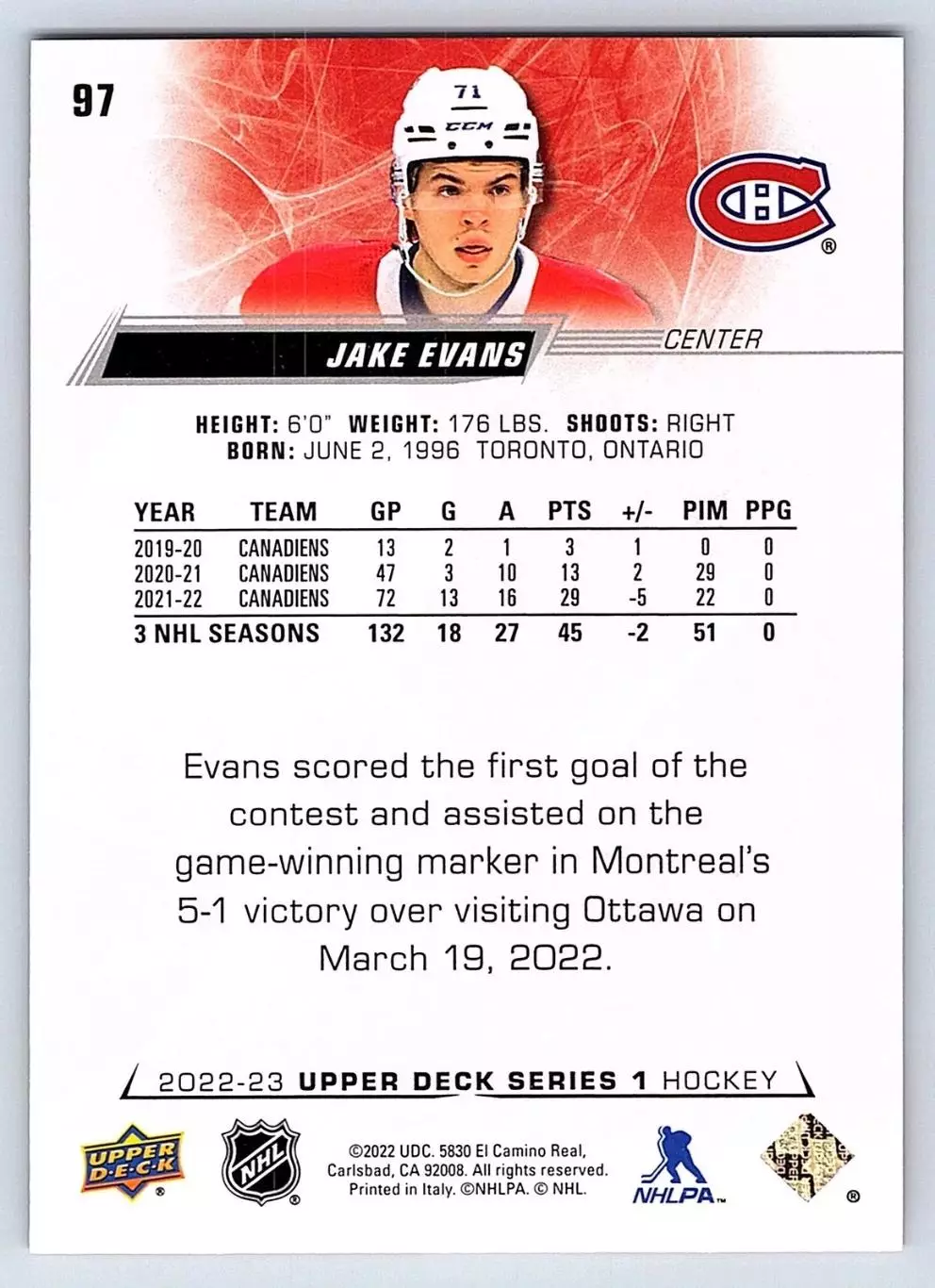 2022-23 Upper Deck #97 Jake Evans 1