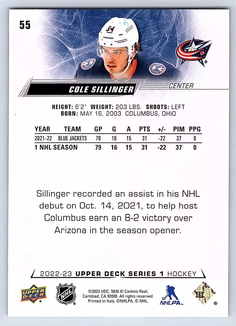 2022-23 Upper Deck #55 Cole Sillinger 1