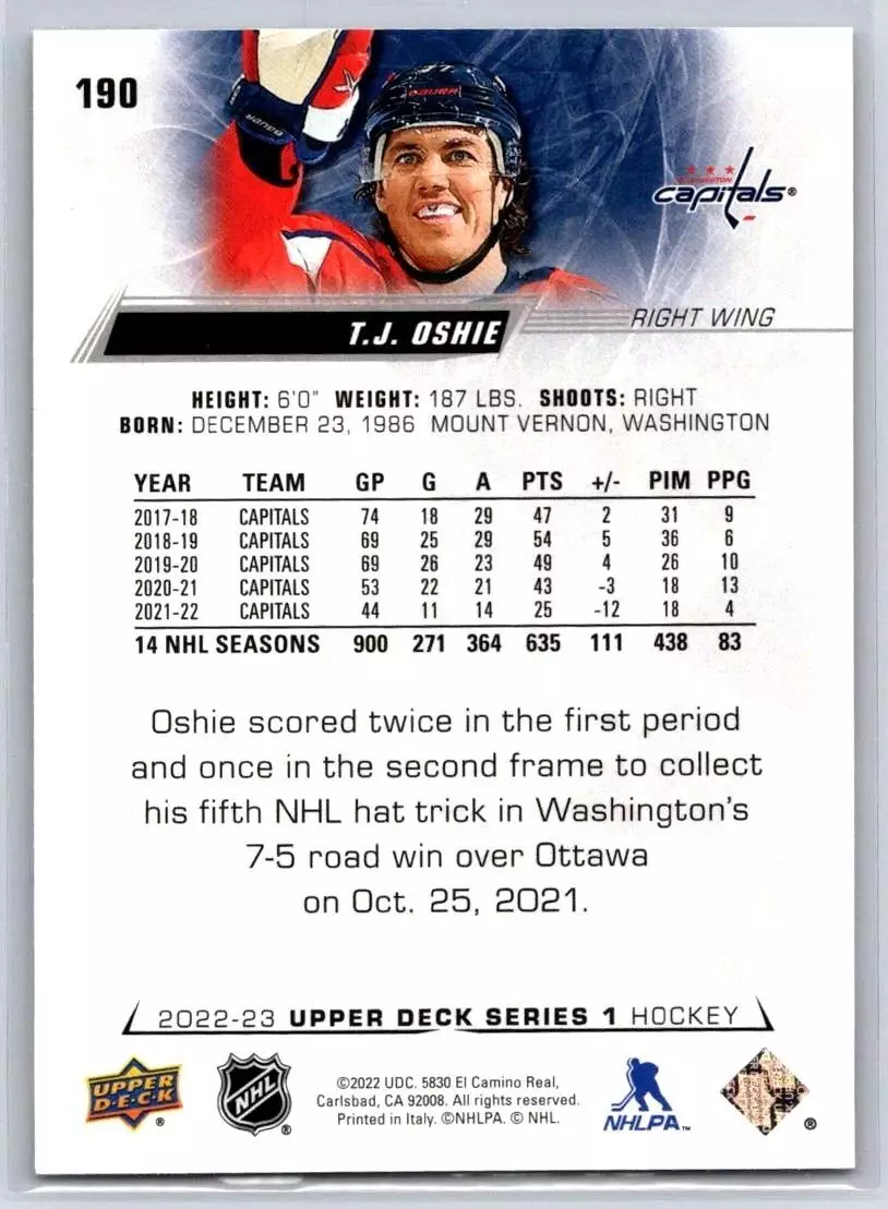 2022-23 Upper Deck #190 T.J. Oshie 1