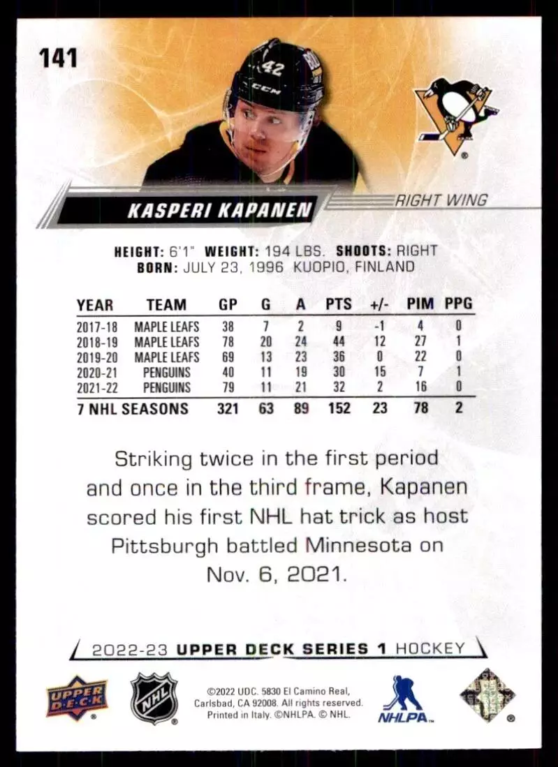 2022-23 Upper Deck #141 Kasperi Kapanen 1