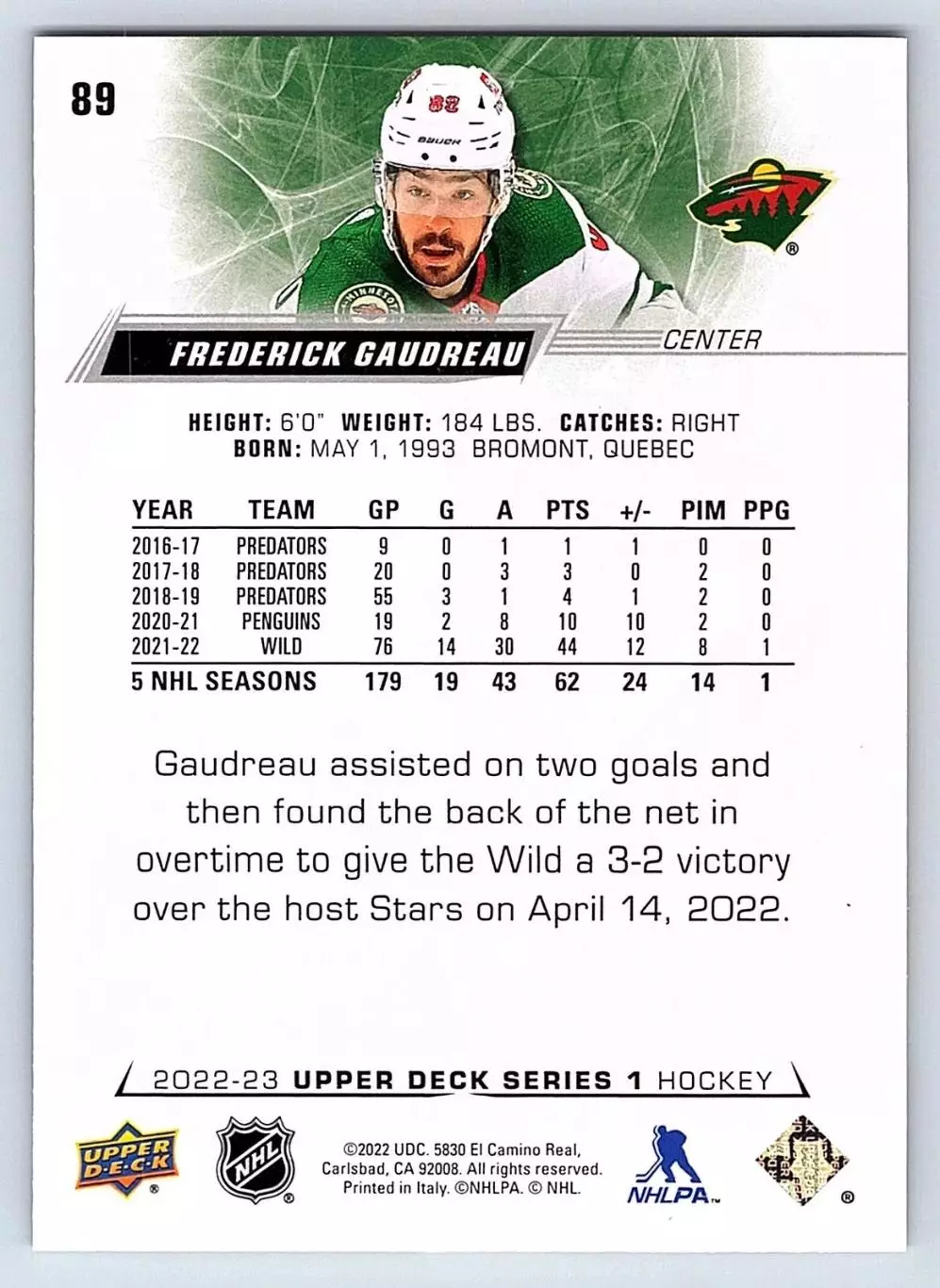 2022-23 Upper Deck #89 Frederick Gaudreau 1