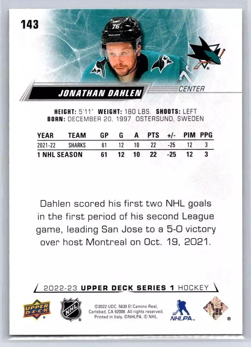2022-23 Upper Deck #143 Jonathan Dahlen 1