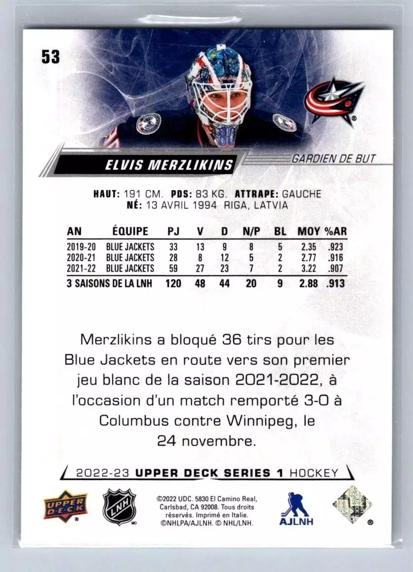 2022-23 Upper Deck #53 Elvis Merzlikins 1