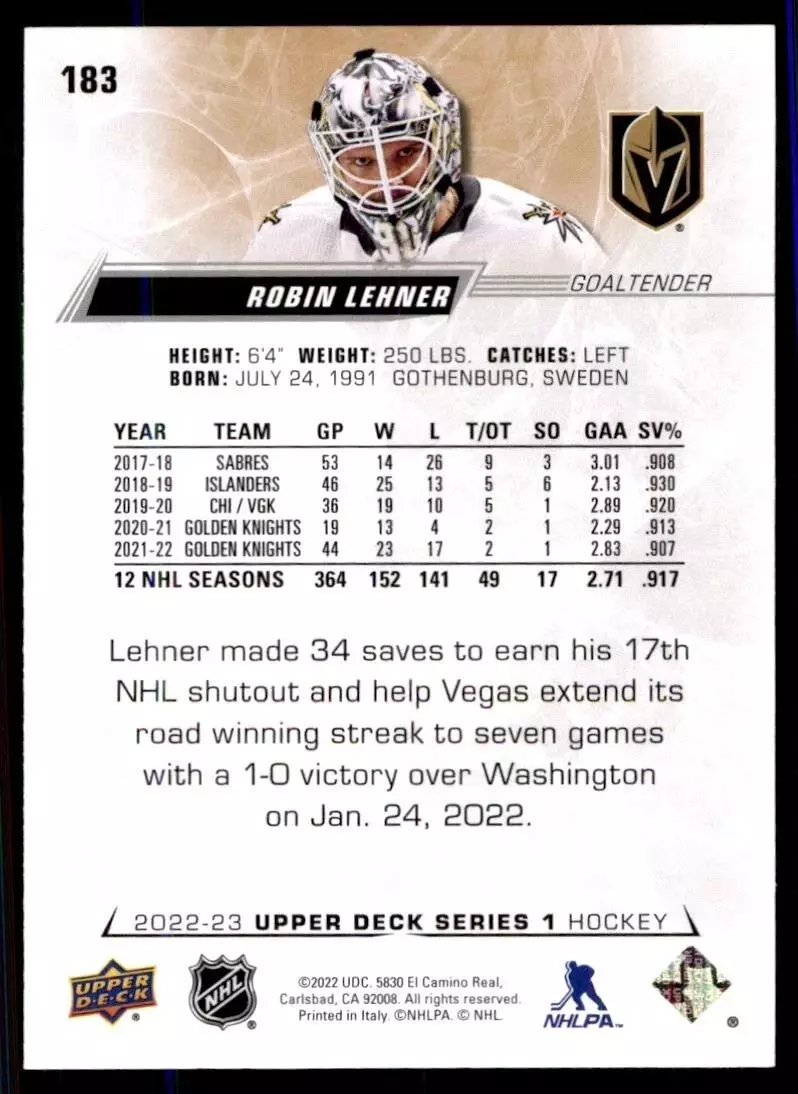 2022-23 Upper Deck #183 Robin Lehner 1