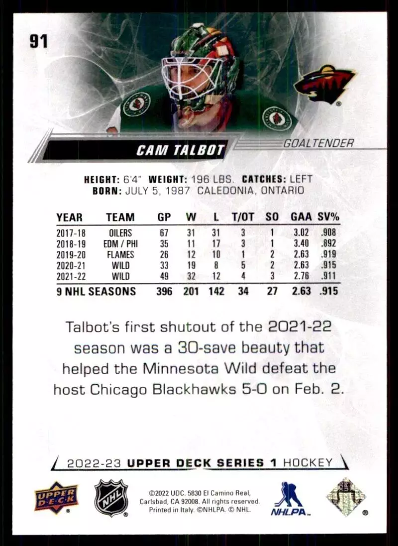 2022-23 Upper Deck #91 Cam Talbot 1