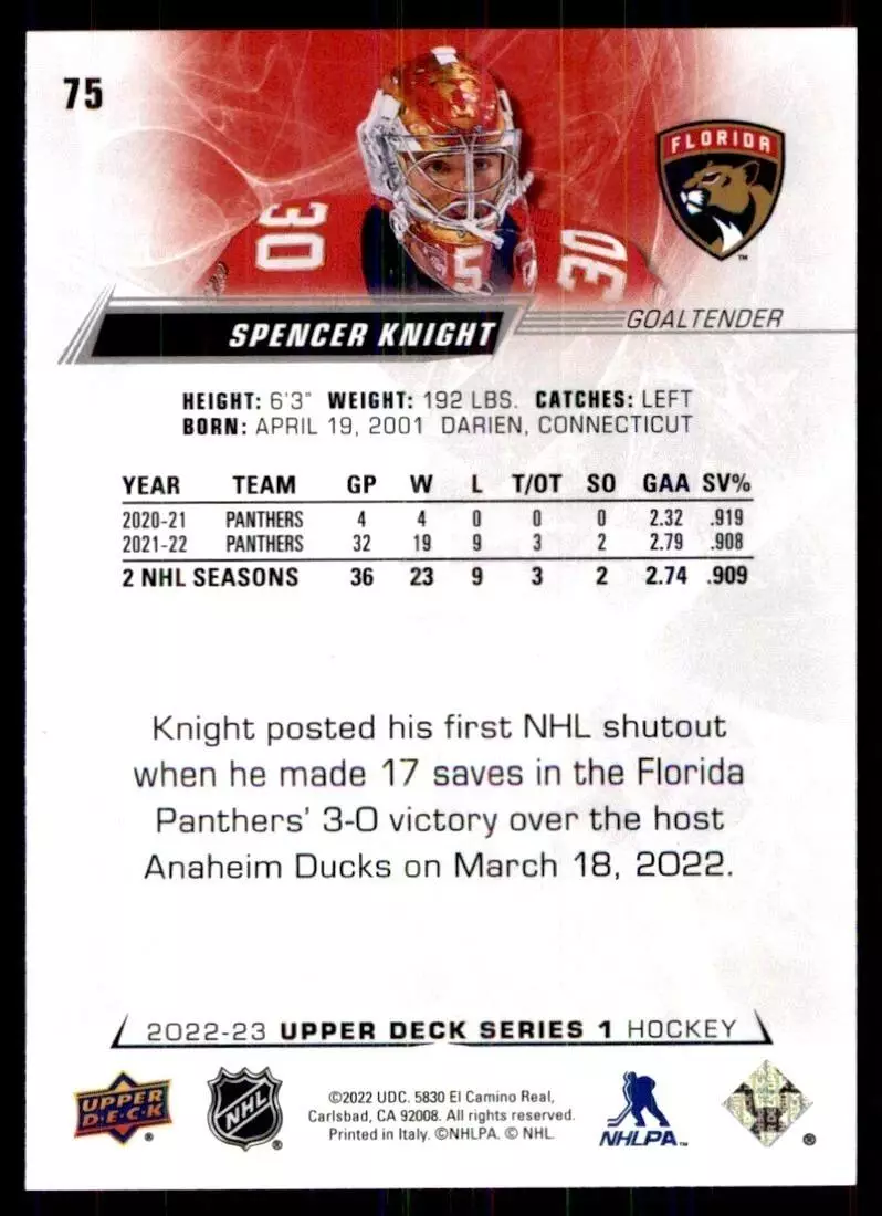 2022-23 Upper Deck #75 Spencer Knight 1