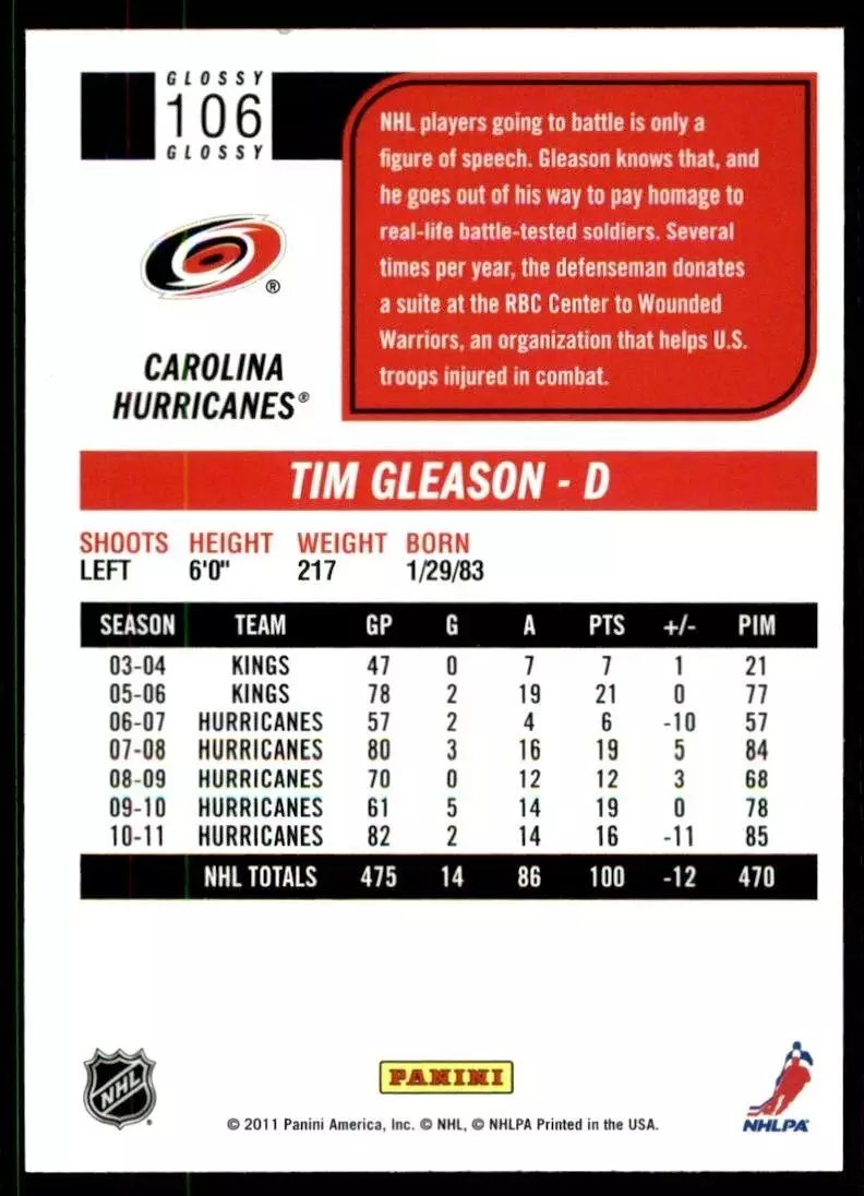 2011-12 Score #106 Tim Gleason 1