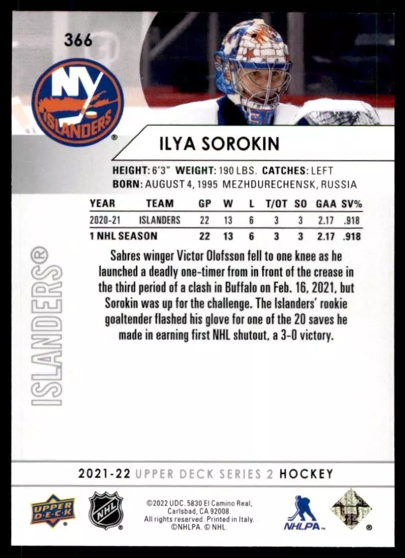 2021-22 Upper Deck #366 Ilya Sorokin 1