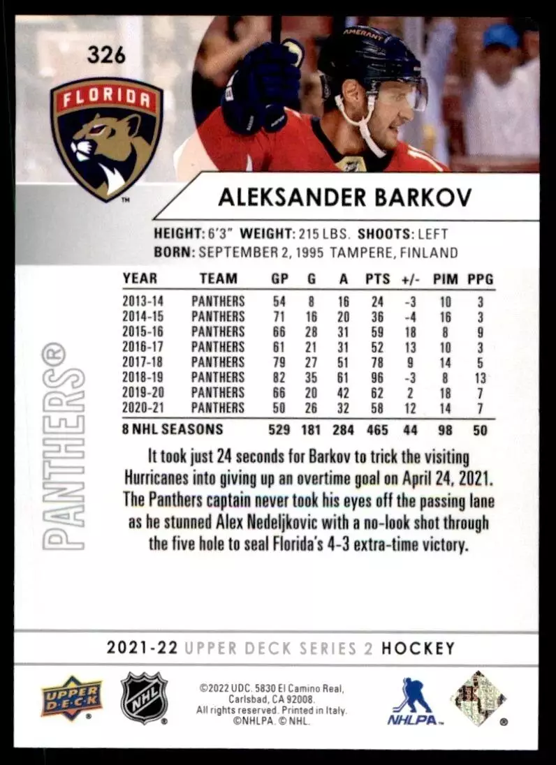 2021-22 Upper Deck #326 Aleksander Barkov 1