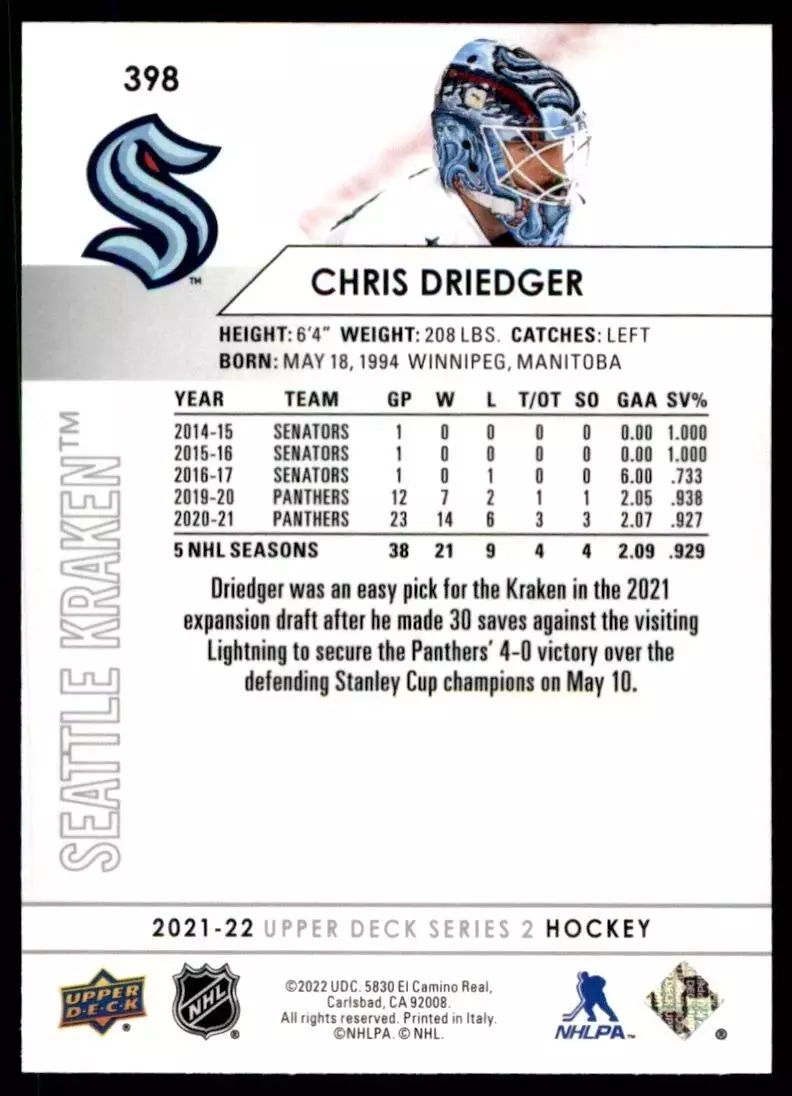2021-22 Upper Deck #398 Chris Driedger 1