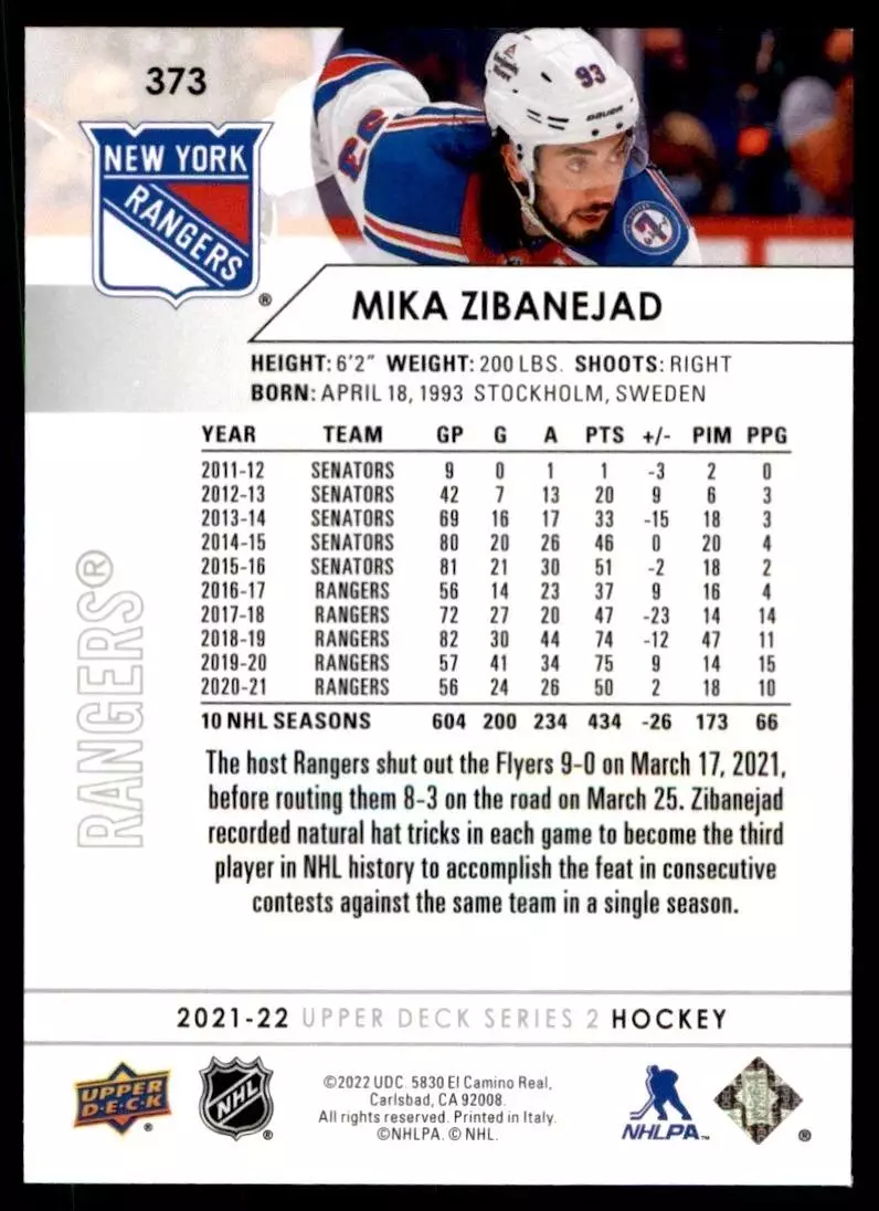 2021-22 Upper Deck #373 Mika Zibanejad 1